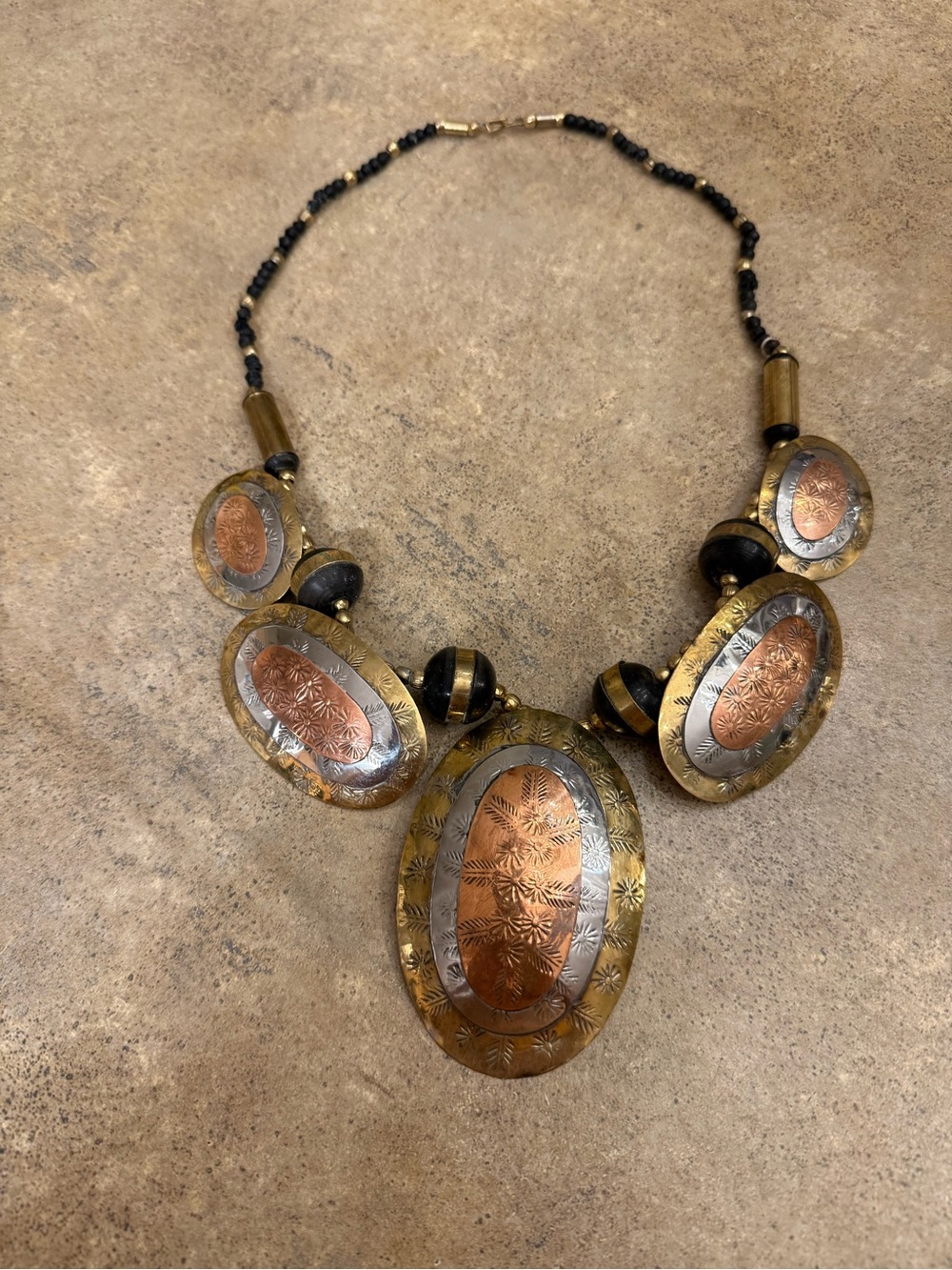 Vintage 23” Mixed Metal Bib Necklace Copper Brass Silver Tone Black Beads Boho